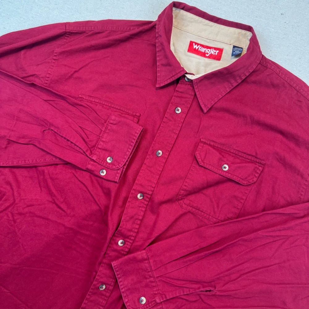 Wrangler 3XL Button Down Shirt Mens Burgundy Cotton Twill Long Sleeve Workwear